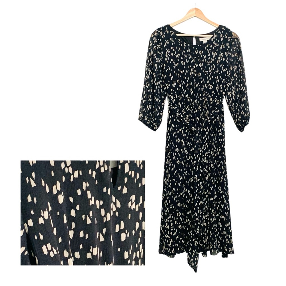 Coldwater Creek Modest Dress Black Tan Long Sleeves Belted Size 10 Petite